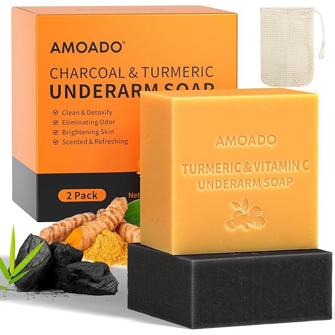 مجموعة صابون إزالة السموم من الإبط، صابون مزيل عرق لتفتيح تحت الإبط لإزالة الإبط الداكن، إزالة الرائحة، لوح كركم طبيعي مع VC، صابون الفحم مع النعناع - كيس شبكة سيسال مشمولة - Image 1